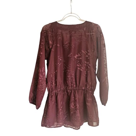 Sundance Womens SM Blouse Burgundy Embroidered Semi Sheer Drawstring Waist BOHO - Picture 2 of 12